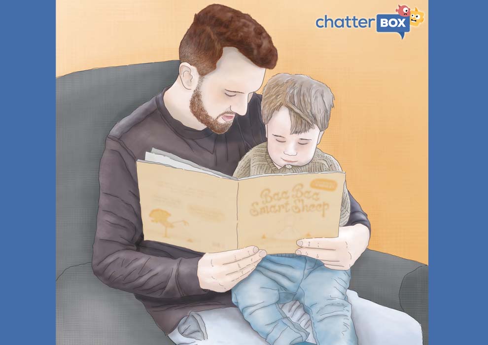 Dad reading to boy illustration.