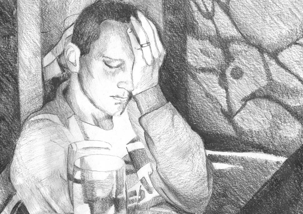 Pencil sketch of depressed man in a pub drinking a beer.